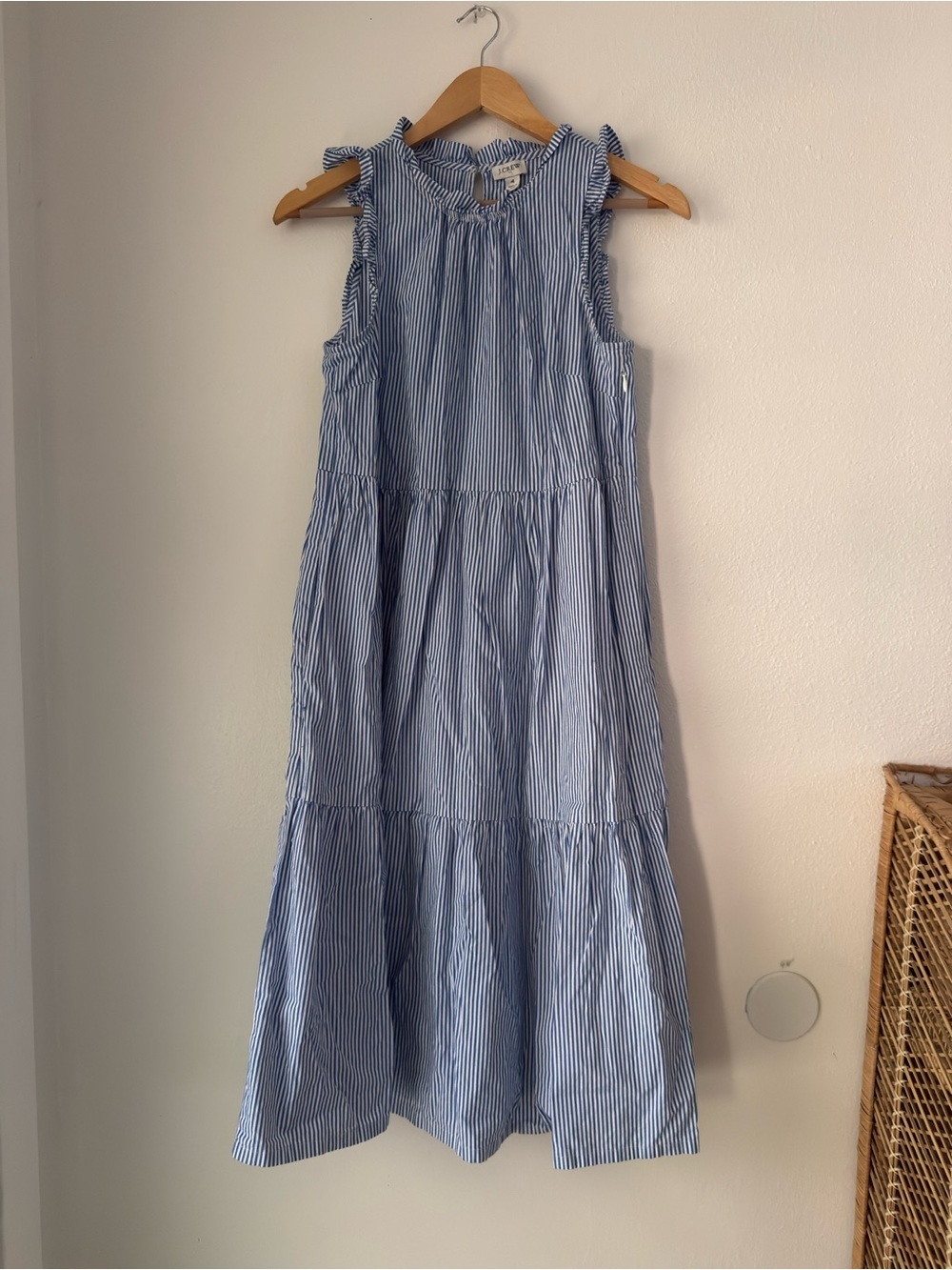 J CREW Sleeveless Tiered Midi Dress Cotton Poplin Blue Stripe Size 4